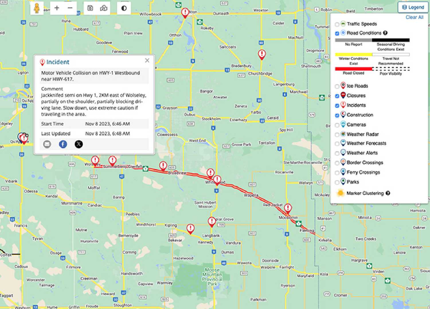 Highway 1 was closed in eastern Saskatchewan Wednesday morning, and Shania Twain's tour bus hit the ditch near Wolseley, sending 13 of her crew members to hospital.